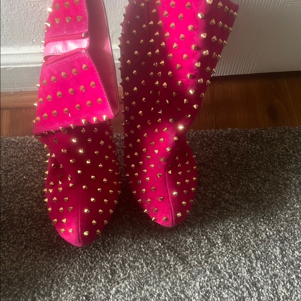 Hot Pink Heeled Boots with Studs and High Heels